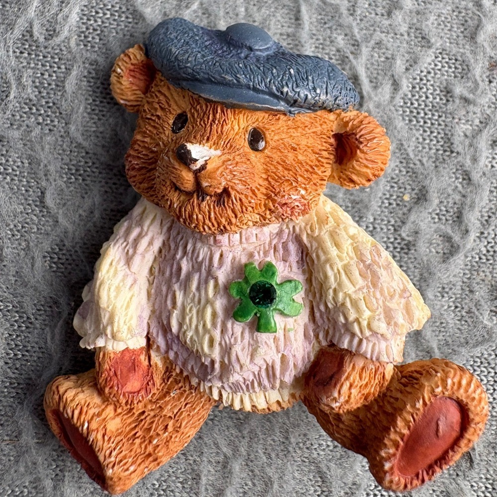 Vintage Resin Teddy Bear Brooch Shamrock Sweater Blue Hat St Patricks Day Pin
